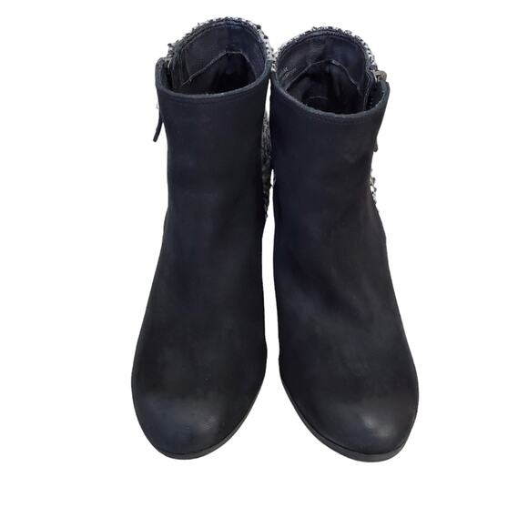 bp | Leather and Herringbone Knit Side Zip Heeled Ankle Trolley Booties - Picture 4 of 10